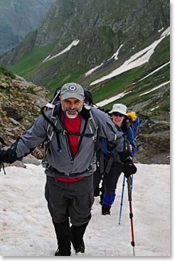 Bill and Paule kicking steps in the snow.  This is good practice for Elbrus!