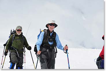 Tom and Paule moving on the snow. Our brief walks out from our Barrel get us accustomed to moving on snow as well as helping us acclimatize.