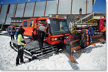 The final step: we load onto a snowcat for our final section of the journey to our Barrel.