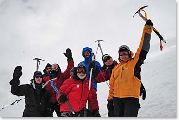 The team celebrates at their high point for the day, 15,350 feet above sea level.