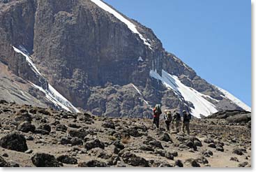 The team climbing towards Lava Tower Camp