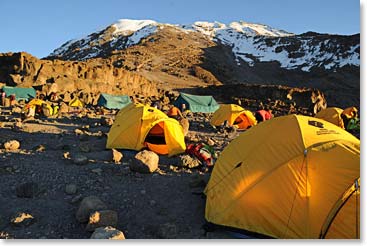 Berg Adventures private High Camp. You can see the trail to Stella Point and the summit.