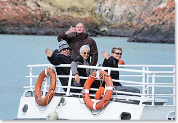 Reginald blows kisses as they sail away