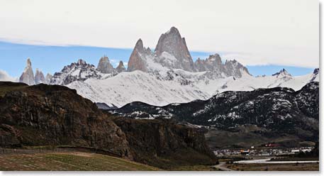 Leaving El Chalten with Fitz Roy and Cerro Torre in view