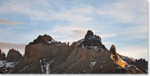 View of Cuernos from our lodge at Paine Grande