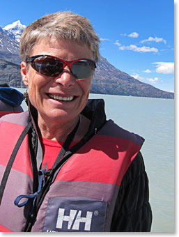 Sue and the silty glacial water of Lago Grey