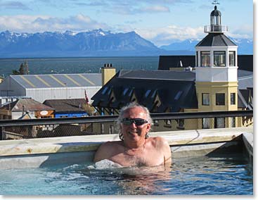 George relaxing in the hot tub at our hotel