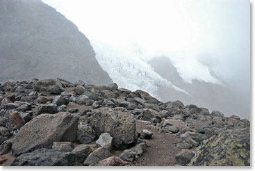 View from the Hut. We are not yet seeing much of Cayambe, but it is up there somewhere!