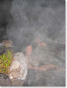 Relaxing in the thermal hot springs right outside our rooms, elevation 3300 meters.