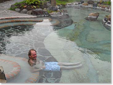 Steve enjoys the hot pool at our resort. We are at the top of the Amazon Basin, with the mountains above us, the jungle below.