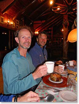 Helvecio and Steve, warming up with cinnamon tea and rum