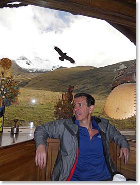 Hugo relaxing at breakfast. Chimborazo is in the background.