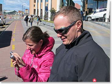 John and Kate photograph the southward bound equipment on the streets of Punta Arena.