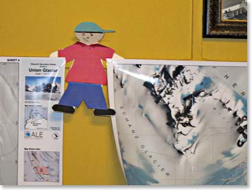 Flat Stanley with maps of the destination of this next adventure, The Ellsworth Mountains in Antarctica.