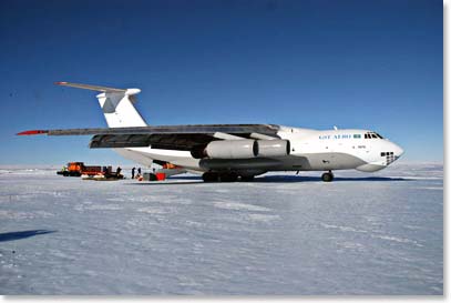 Ilyushin aircraft landing on blue ice