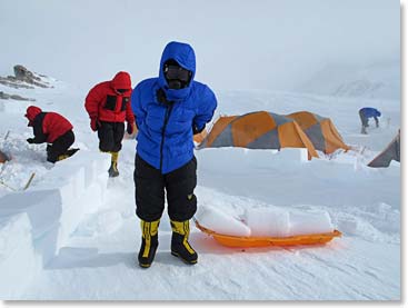 Hauling ice blocks at High Camp