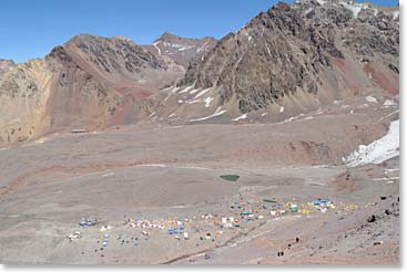 The view of our base camp (Plaza de Mulas) in the distance as we moved higher up the mountain.