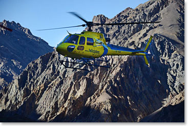 The helicopter arrives. Duro's helicoper came into Plaza de Mulas to get us in the early morning light.