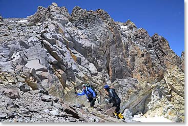 Wally and Jussi climbing the difficult terrain to our high point at Berlin Camp.