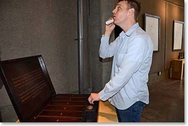 Soon after we arrived Jussi spied an intriguing wooden box complete with a key and a rolled document. It reminded Jussi of an old fashioned telephone, so he began to make calls.