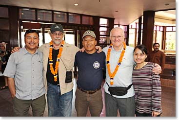 Charles and Dennis arrive at the Yak and Yeti where they are greeted by Berg Adventures staff extraordinaire Temba, Min and Rupa.