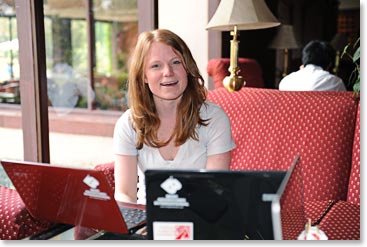 Sara in the Berg Adventures remote ‘office’ in the Yak and Yeti Hotel lobby.