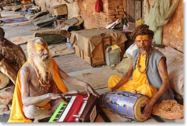 Sadhus making music