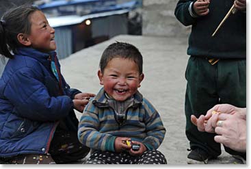 As we entered Namche, Jackie was dispensing Jolly Ranchers to the children.