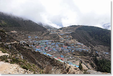 We said farewell to a cloudy Namche.