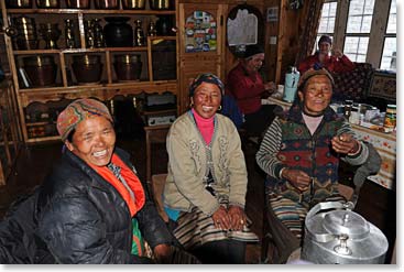 Our Yak ladies, all beautiful Sherpa women in their 50’s relax around the warm stove.