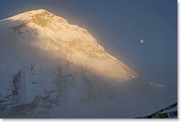 Mt. Everest comes out of the clouds.