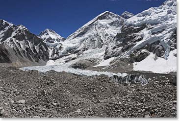 Today was nearly perfect weather. As we set out at 9:00 am, the way before us up the glacier to Everest Base Camp was clear and beautiful.