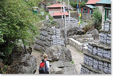 Much of the trail between Namche and Lukla is lined with painted mani walls and prayer flags.