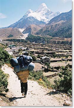 Approaching Pangboche, the formidable Ama Dablam in the distance