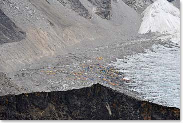 The seasonal tented settlement of Everest Base Camp as seen from the summit of Kala Patar.