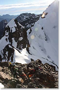 The team going down the rock section on their way to Pequeno Alpamayo summit ridge.