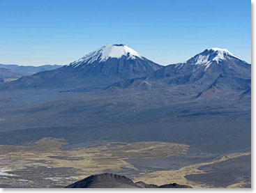 The view of volcanoes from our day hike.  The landscape is very different from the Condoriri.