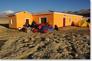 Sorting gear at our brightly colored lodge