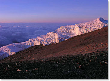 Admiring the glaciers at sunset as we rest our tired, but happy bodies in the crater for the night.