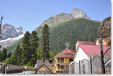 The peaks of the Caucasus are spectacular above town.