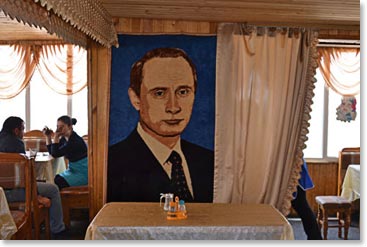 Portrait of Vladimir Putin at a cafe near 10,000ft/3,050m where we stopped for tea.