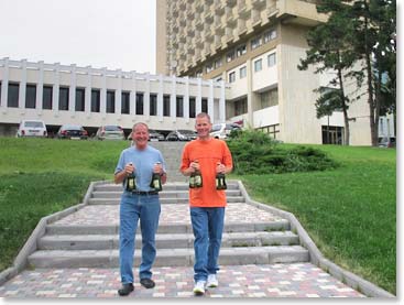 While we stood congregated in the park in front of the hotel, Bill and Jeff went for a beer run.