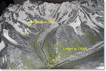 The 3-D Map of our area, main camp, our lodge and the hut on the left up the valley