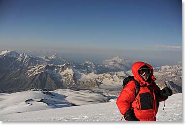 Chet high above the Caucasus Mountain range early in the morning during our summit attempt