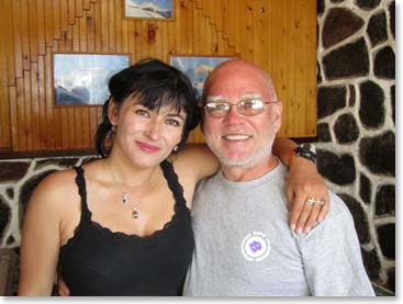 Less than 24 hours from our highpoint of 17,500 feet on Elbrus, Karina and Chet smile for a photo at a hotel where we stopped for breakfast.