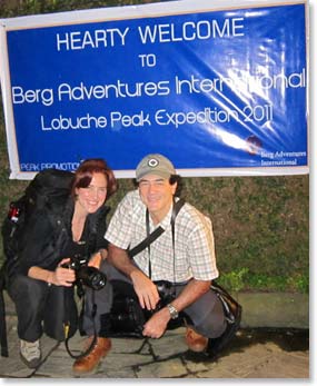 Striking a pose in front of the Lobuche Expedition sign