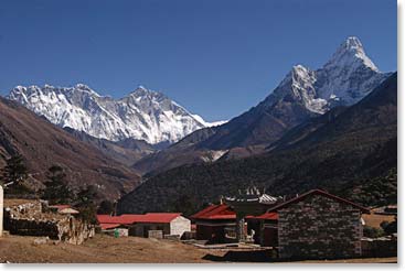 The view of Ama Dablam, Everest and Lhotse from above Tengboche Monastery