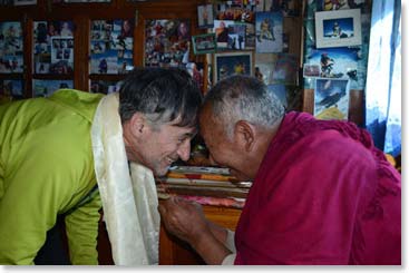 A moment of joy shared by Larry and Lama Geshi as Larry receives his blessing.