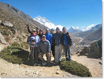 The hiking group today posed for a photo in front of the South Face of Lhotse, Island Peak and Makalu.