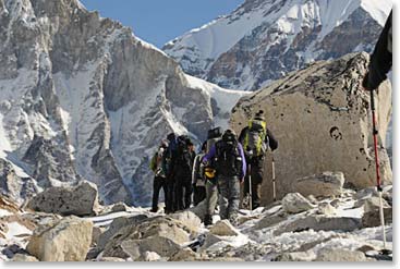 The climb along the glacial moraine was demanding and required our full attention.